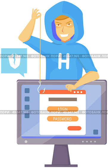 Hacker attack. Hacker breaks into computer. Cyber attacker cracker trying to hack laptop password. Breaking login, pin code, cracking screen lock, cartoon vector. Hacking protection security system. Hacker attack. Hacker breaks into computer. Cyber attacker cracker trying to hack laptop password. Стоковая иллюстрация, агентство Ingram Publishing / Фотобанк Лори