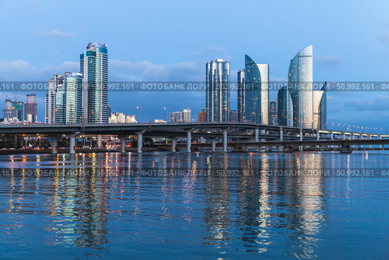 Haeundae District of Busan, South Korea. Marine City panoramic skyline (2018 год). Стоковое фото, фотограф EugeneSergeev / Фотобанк Лори