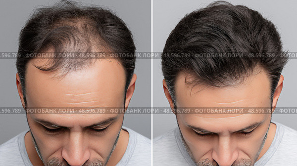 Hair Loss Before After Frontal and Crown Restoration. Выпадение волос до и после восстановления лобной и коронной части головы. Стоковое AI-изображение, AI-художник Katsiaryna Repich / Фотобанк Лори