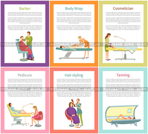 Hair styling and tanning process in solarium sunroom, posters with text sample vector. Cosmetician and face care, barber styling, body wrap pedicure. Hair Styling Tanning Process Posters Text Vector. Стоковая иллюстрация, агентство Ingram Publishing / Фотобанк Лори