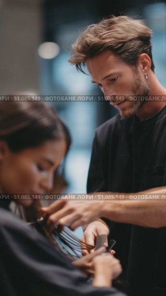 Hair stylist crafts a trendy look for a client in a modern salon setting with a relaxed atmosphere. Стоковое AI-видео, аниматор Сергей Толмачёв / Фотобанк Лори