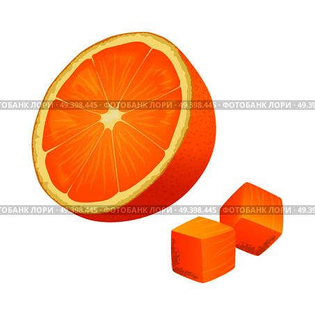 Half of orange and two orange cubes on white background. Fresh fruit that contains vitamin C. Healthy organic nutrition. Cartoon vegetarian food icon. Juicy tropical fruit vector illustration.. Half of Orange with Two Cubes Isolated Illustration. Стоковая иллюстрация, агентство Ingram Publishing / Фотобанк Лори