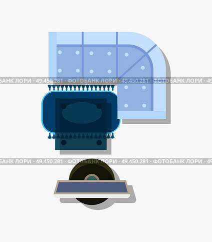 Hall room interior design with large soft couch, coffee table on carpet and TV in front of it. Vector illustration of living room on white background. Hall Room Interior Design Vector Illustration. Стоковая иллюстрация, агентство Ingram Publishing / Фотобанк Лори
