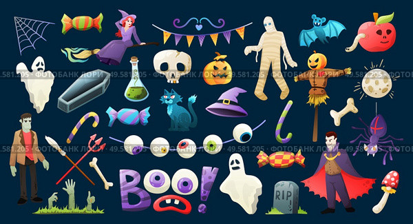 Halloween attributes scary colorful  collection with skull mask coffin bones spook ghost witch black background vector illustration. Стоковая иллюстрация, агентство Ingram Publishing / Фотобанк Лори