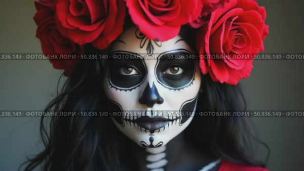 Halloween beauty portrait of a skeleton woman of death, the makeup on the face. Girl death Halloween costume. Day of The Dead. Charming and dangerous Calavera Catrina. Стоковое AI-видео, аниматор Sergey Grishin / Фотобанк Лори