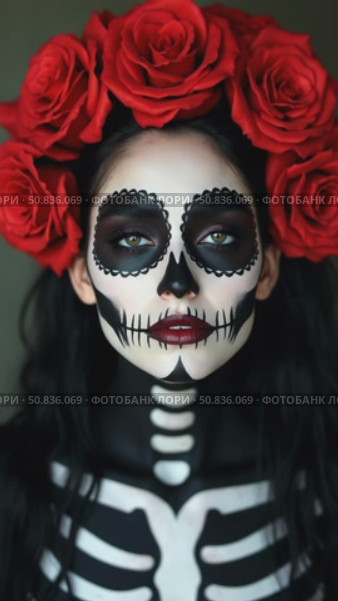 Halloween beauty skeleton woman makeup face. Girl death Halloween costume. Day of The Dead. Charming and dangerous Calavera Catrina. Стоковое AI-видео, аниматор Sergey Grishin / Фотобанк Лори
