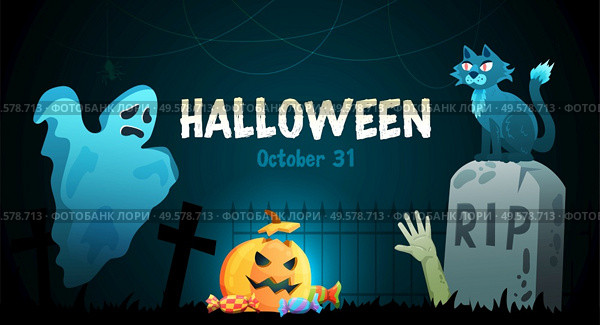 Halloween party creepy experience horizontal poster with spooky haunted graveyard tombstone ghost pumpkin head cat vector illustration. Стоковая иллюстрация, агентство Ingram Publishing / Фотобанк Лори