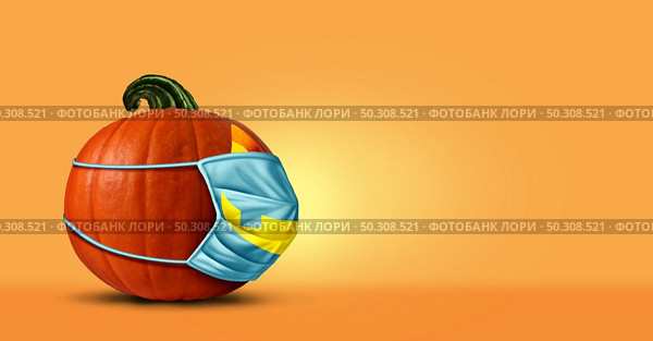 Halloween safety and facial mask as a jack o lantern pumpkin wearing a medical face protection as an autumn symbol for disease control and virus infection and coronavirus or covid-19 in a 3D illustration style. Стоковое фото, агентство Ingram Publishing / Фотобанк Лори