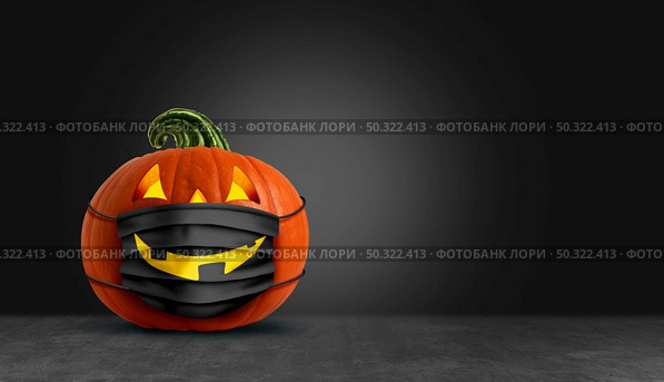 Halloween surgical mask as a jack o lantern pumpkin wearing a medical face protection as an autumn symbol for disease control and virus infection and coronavirus or covid-19 safety on a black background in a 3D illustration style. Стоковое фото, агентство Ingram Publishing / Фотобанк Лори