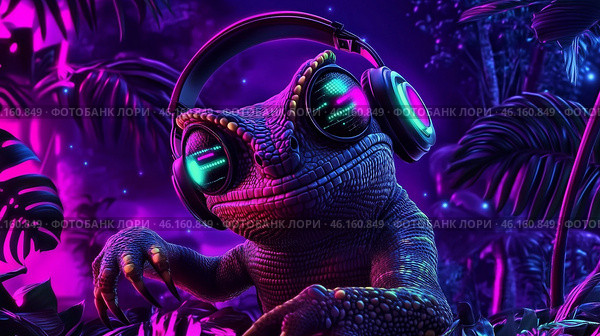 Хамелеон в ритме EDM. Стоковое AI-изображение, AI-художник Дмитрий Давыдов / Фотобанк Лори