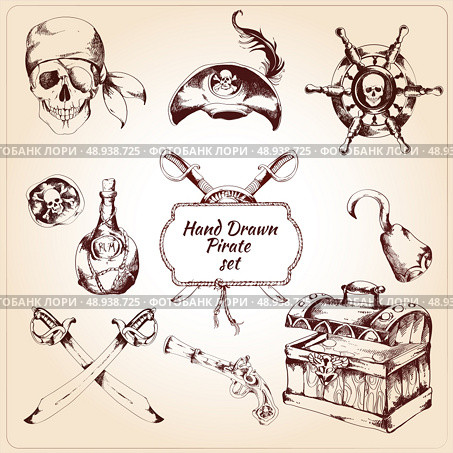 Hand drawn pirates decorative icons set of treasure chest steering wheel and rum bottle isolated vector illustration. Стоковая иллюстрация, агентство Ingram Publishing / Фотобанк Лори
