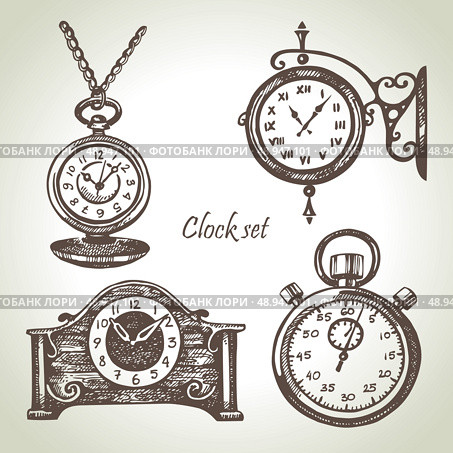 Hand drawn set of clocks and watches . Стоковая иллюстрация, агентство Ingram Publishing / Фотобанк Лори
