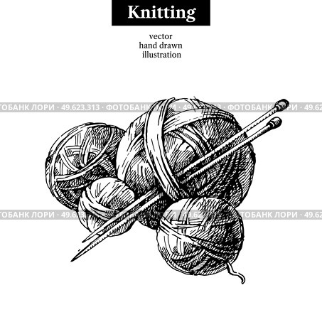 Hand drawn sketch yarn ball with needles for knitting. Vector black and white vintage illustration. Стоковая иллюстрация, агентство Ingram Publishing / Фотобанк Лори