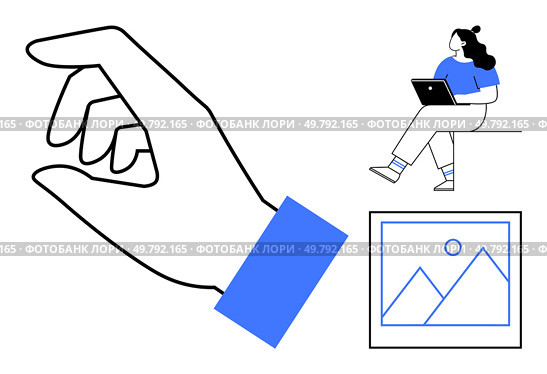 Hand gesturing, woman sitting with laptop, framed landscape image. Ideal for technology, productivity, design, remote work, digital art, virtual meetings, presentations. Line metaphor. Hand Gesturing with Woman Using Laptop and Landscape Picture Elements for Multifaceted Use. Стоковая иллюстрация, агентство Ingram Publishing / Фотобанк Лори