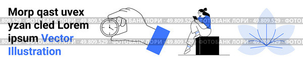 Hand grasping stopwatch symbolizing time management, woman reading on a box representing knowledge, and abstract flower design. Ideal for productivity, education, relaxation, minimalism, design. Hand Holding Stopwatch, Person Reading, and Abstract Flower Design in Modern Minimalistic Style. Стоковая иллюстрация, агентство Ingram Publishing / Фотобанк Лори