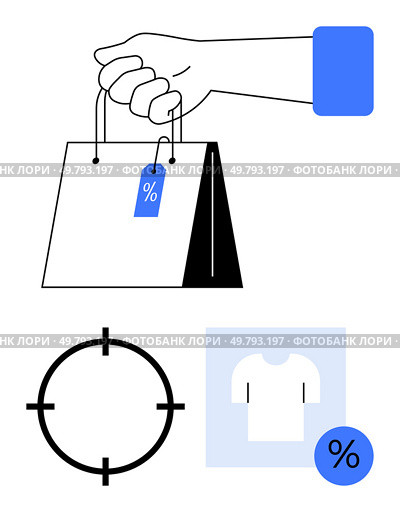 Hand holding a shopping bag with a discount tag, target icon, t-shirt with discount label. Ideal for retail marketing, sales promotions, e-commerce, discount events, shopping, fashion and targeting. Hand Holding Shopping Bag with Discount Tag, Target Icon, Discount Circle, and T-shirt Illustration. Стоковая иллюстрация, агентство Ingram Publishing / Фотобанк Лори