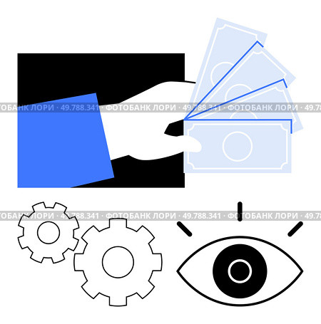 Hand holding cash, gears representing mechanisms, and an eye symbolizing supervision. Ideal for business, finance, accounting, operations management, quality control, marketing campaigns project. Hand Holding Money with Gear Mechanisms and Eye to Represent Financial Oversight and Operations. Стоковая иллюстрация, агентство Ingram Publishing / Фотобанк Лори