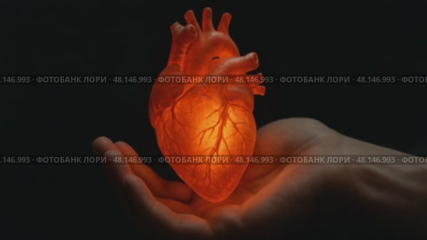 Hand holding glowing heart model depicting warm light and gentle care. Стоковое AI-видео, аниматор Владимир Федоров / Фотобанк Лори