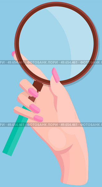 Hand holding magnifying glass. Mock up with transparent glass isolated on blue. Searching, detecting, exploration, zoom, scrutiny, audit, inspection concept. Magnifier, loupe, magnifying glass in hand. Magnifier, loupe, magnifying glass in hand. Searching, detecting, exploration, zoom concept. Стоковая иллюстрация, агентство Ingram Publishing / Фотобанк Лори