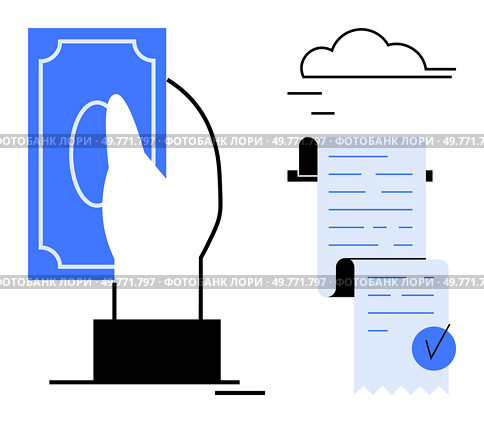 Hand holding money and a long receipt with a check mark symbol against a backdrop of small clouds. Ideal for financial transactions, payments, invoicing, accounting, and business management themes. Hand Holding Money with Bill and Check Mark Concept with Cloud Background for Finances and Transactions. Стоковая иллюстрация, агентство Ingram Publishing / Фотобанк Лори