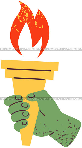 Hand holding torch with flame isolated on white background. Symbol of Olympic flame and sports. Fire in human hands as sign of Olympic Games. Torch with fire for grand opening of competition. Fire in human hands as sign of Olympic Games. Torch with flame for grand opening of competition. Стоковая иллюстрация, агентство Ingram Publishing / Фотобанк Лори