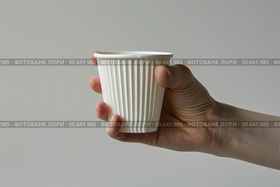Hand holding white paper ripple cup on white background. Стоковое AI-изображение, AI-художник Иван Рябоконь / Фотобанк Лори