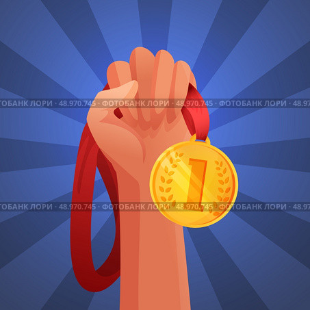 Hand holding winner victory golden medal commendation champion trophy vector illustration. Стоковая иллюстрация, агентство Ingram Publishing / Фотобанк Лори