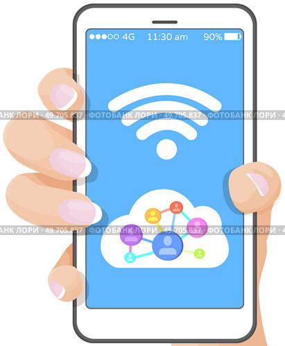 Hand holds mobile phone, wireless connect. wifi connection for web and mobile app, cellphone. Digital device for communication. Smartphone signal color vector illustration, phonebook contacts. Hand holds mobile phone, wireless connect. wifi connection for web and mobile app, cellphone. Стоковая иллюстрация, агентство Ingram Publishing / Фотобанк Лори