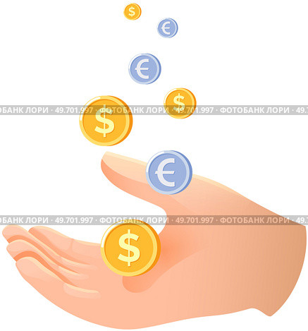 Hand icon and falling coins. Money, finance, payment, cashback concept. Hand of character takes loan, gets cash back, buy, charity. Many gold monets floating above businessmans hand, economy, payment. Hand icon and falling coins. Money, finance, payment, cashback concept. Hand of character takes loan. Стоковая иллюстрация, агентство Ingram Publishing / Фотобанк Лори