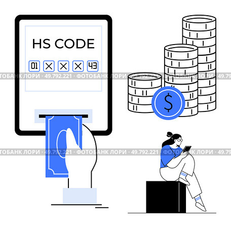 Hand inserting money into digital screen with HS Code, next to stacked coins and person using tablet. Ideal for online transactions, e-commerce, finance education, trade, digital banking, financial. Online Payment with HS Code, Stacked Coins, and Person Using Tablet. Стоковая иллюстрация, агентство Ingram Publishing / Фотобанк Лори