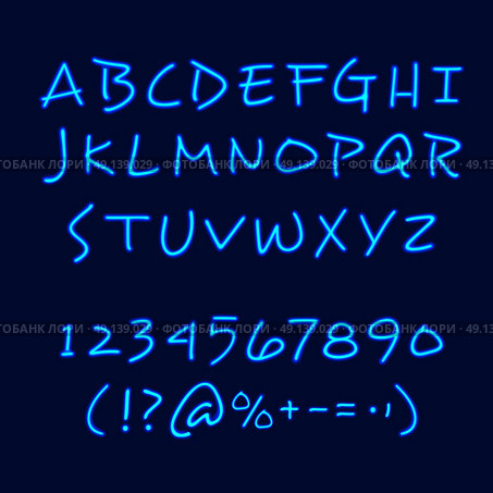 Hand Lettering Neon Style Blackboard Poster . Calligraphy and lettering style example blackboard poster with neon hand drawn alphabet digits and symbols vector illustration . Стоковая иллюстрация, агентство Ingram Publishing / Фотобанк Лори
