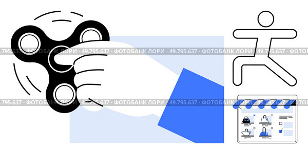 Hand spinning a fidget spinner, abstract human figure in running pose, and web storefront illustration. Ideal for stress relief, e-commerce, mental focus, online shopping, user interface design. Hand using fidget spinner next to abstract human figure and webpage storefront concept. Стоковая иллюстрация, агентство Ingram Publishing / Фотобанк Лори