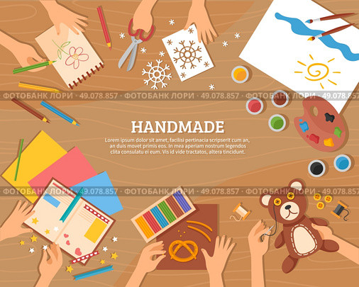 Handmade Concept In Flat Style. Handmade concept in flat style with children drawings plasticine color paper watercolor and skillful hands vector illustration. Стоковая иллюстрация, агентство Ingram Publishing / Фотобанк Лори