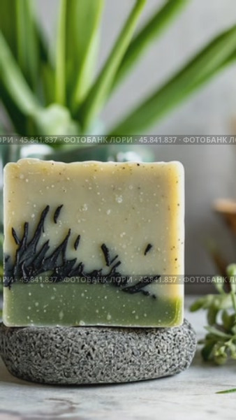 Handmade soap bar resting on a pumice stone. Стоковое AI-видео, аниматор Юрий Поздников / Фотобанк Лори