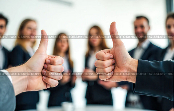 Hands giving thumbs up gesture in focus with business professionals standing in blurred background showing approval, success, teamwork, unity, support, collaboration, and positivity. Стоковое AI-изображение, AI-художник Павел Муравьев / Фотобанк Лори