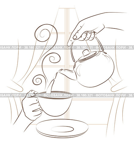 Hands hold metal teapot and cup for home tea drinking. Enjoy cup of hot tea in cosy atmosphere at home. Relaxing day off, interesting conversation. Sketch, editable linear contour drawing. Руки держат металлический чайник и чашку для домашнего чаепития. Насладитесь чашечкой горячего чая в уютной домашней обстановке. Свободный выходной день, интересная беседа. Эскиз, редактируемый линейный контурный рисунок. Стоковая иллюстрация, иллюстратор Dmitry Domashenko / Фотобанк Лори