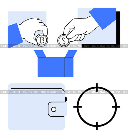 Hands holding Bitcoin and Dollar coins, focusing on wallet icon, and an open box. Ideal for finance, cryptocurrency, online transactions, e-commerce, digital wallets savings investment. Line. Hands Exchanging Bitcoin and Dollar Coins, Focusing Wallet Icon, and an Open Box Concept. Стоковая иллюстрация, агентство Ingram Publishing / Фотобанк Лори