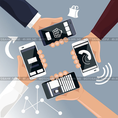 Hands holding smartphones telephones that call send sms bought products online cartoon flat design style. Стоковая иллюстрация, агентство Ingram Publishing / Фотобанк Лори