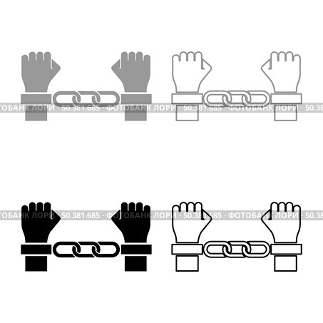Hands in handcuffs Criminal concept Arrested punishment Bondage convict set icon grey black color vector illustration image simple solid fill outline contour line thin flat style. Hands in handcuffs Criminal concept Arrested punishment Bondage convict set icon grey black color vector illustration image solid fill outline contour line thin flat style. Стоковая иллюстрация, агентство Ingram Publishing / Фотобанк Лори