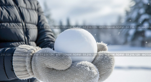 Hands in warm mittens holding perfect snowball on sunny winter day, closeup of person making snowball for fun outdoor game or snowman. Стоковое AI-изображение, AI-художник Павел Муравьев / Фотобанк Лори