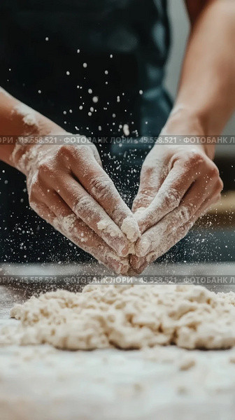 Hands kneading dough showcasing traditional baking techniques for culinary arts posters. Стоковое AI-изображение, AI-художник Sabyna75 / Фотобанк Лори