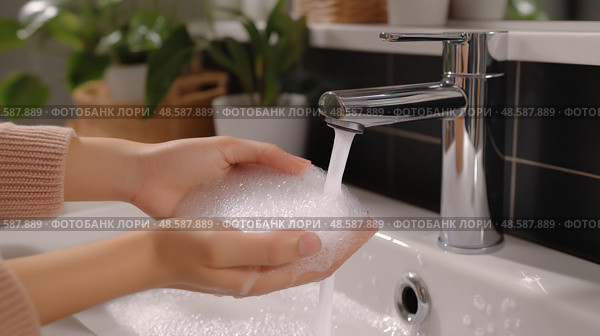 Hands lathering soap under running water in a modern bathroom sink. Руки намыливают мыло под струей воды в раковине современной ванной комнаты. Стоковое AI-изображение, AI-художник Katsiaryna Repich / Фотобанк Лори
