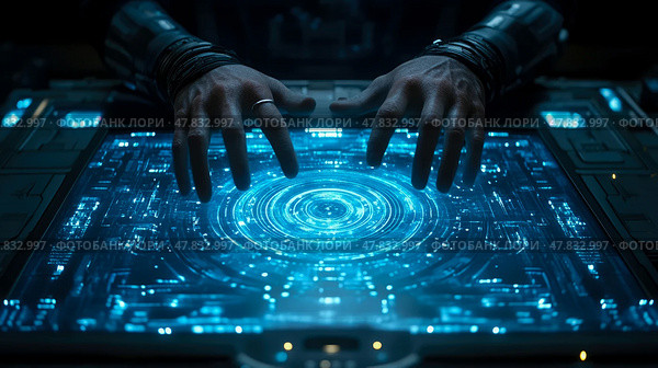 Hands manipulate a glowing holographic display filled with intricate patterns and data, creating an immersive experience in a dark, technological setting. Стоковое AI-изображение, AI-художник Данила Большаков / Фотобанк Лори