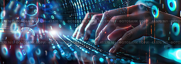 Hands typing on a laptop keyboard with a futuristic cybersecurity interface. Стоковое AI-изображение, AI-художник Ярославский Максим / Фотобанк Лори