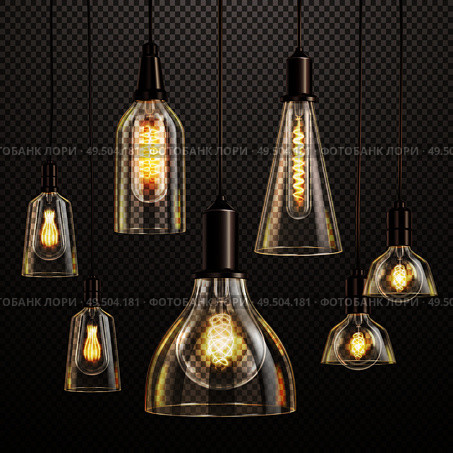 Hanging deco glass lamps with glowing filament antique led light bulbs realistic dark transparent set vector illustration. Стоковая иллюстрация, агентство Ingram Publishing / Фотобанк Лори