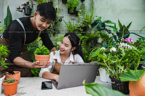 Happily gardener couple use laptop computer while online tutorial on potted plans in workshop together, vlogging or small business houseplant concept. Стоковое фото, агентство Ingram Publishing / Фотобанк Лори