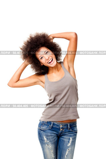 Happy Afro-American young woman isolated on white. Стоковое фото, агентство Ingram Publishing / Фотобанк Лори