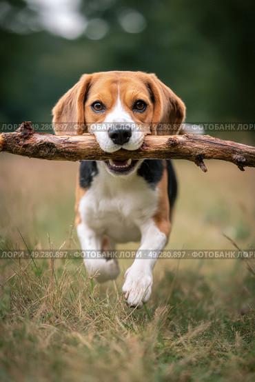 Happy Beagle Running With a Stick in a Grassy Field During Daytime. Стоковое AI-изображение, AI-художник Юлия Гапеенко / Фотобанк Лори
