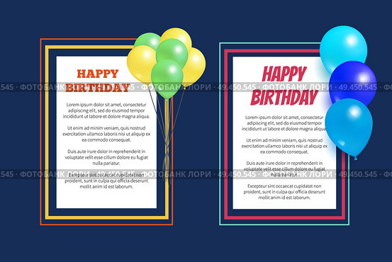 Happy birthday greeting cards with square frames, place for text, decorated by helium balloons, congratulations poster isolated on blue background. Happy Birthday Greeting Cards Square Frame Balloon. Стоковая иллюстрация, агентство Ingram Publishing / Фотобанк Лори