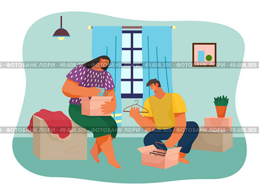 Happy cheerful couple man and woman moving in together in a new house apartment home, unpack cardboard boxes with things dishes and hangers. Young family packing their stuff in boxes before leaving. Happy cheerful couple man and woman moving in together in a new house apartment home, unpack boxes. Стоковая иллюстрация, агентство Ingram Publishing / Фотобанк Лори